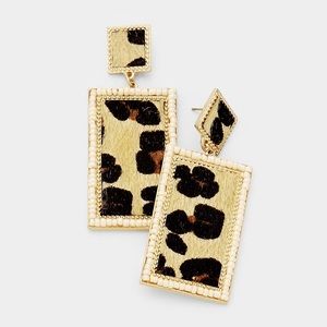 Jewelry - Seed Beaded Trim Leopard Rectangle Dangle Earring Jewelry - Seed Beaded Trim Leopard Rectangle Dangle Earring